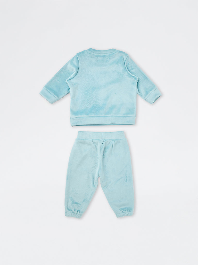 HOP Baby Girls Sea Blue Animal Embroidered Sweatshirt and Pants Set