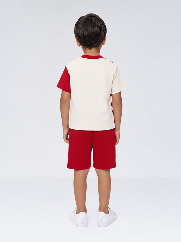 HOP Kids Boys Red Checkered Cotton T-Shirt and Shorts Set