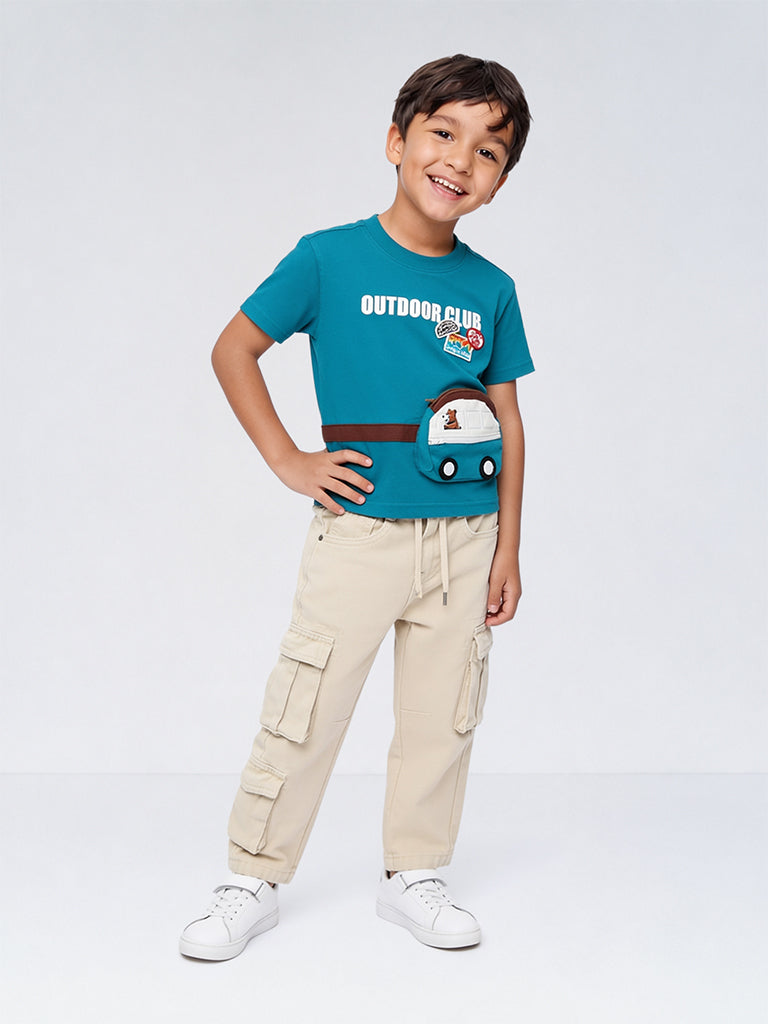HOP Kids Boys Teal Fanny Pack Detail Cotton T-Shirt