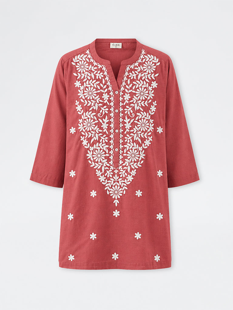 Diza Coral Floral Embroidered Cotton Tunic