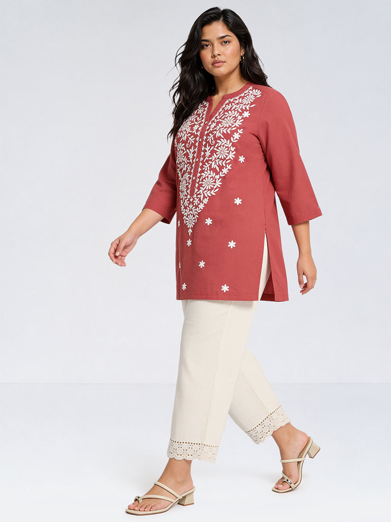 Diza Coral Floral Embroidered Cotton Tunic