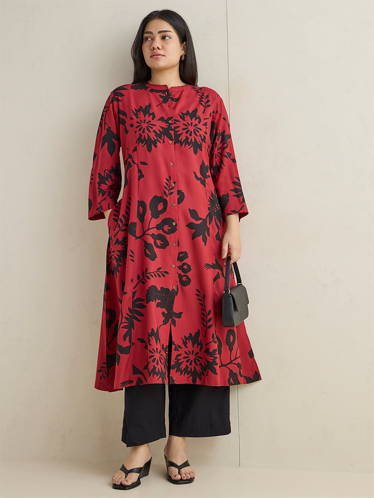 Diza Red Floral Printed A-Line Kurta