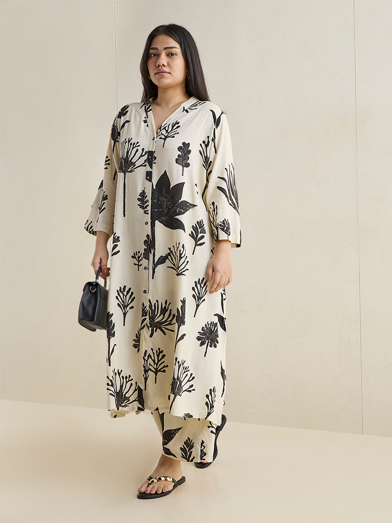 Diza Off-White Floral Printed A-Line Kurta
