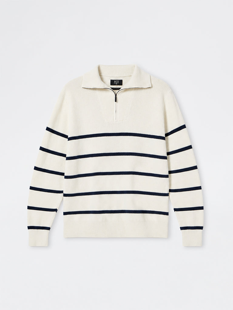 WES Casuals Off-White Striped Relaxed-Fit Quarter-Zip Sweatshirt