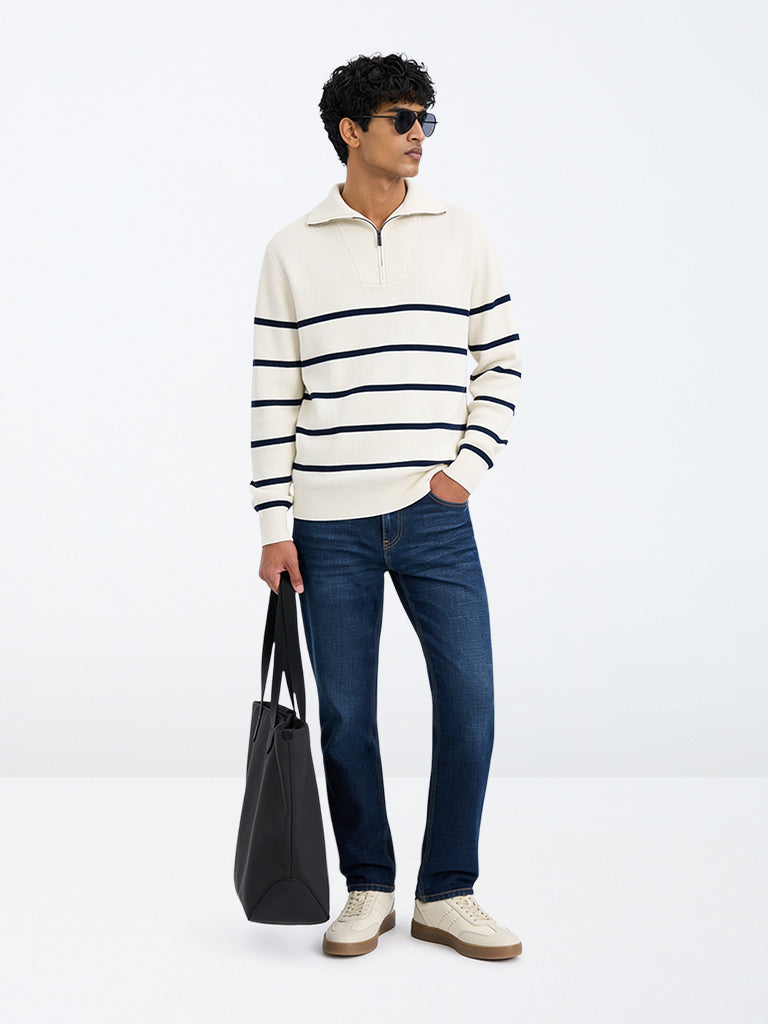 WES Casuals Off-White Striped Relaxed-Fit Quarter-Zip Sweatshirt