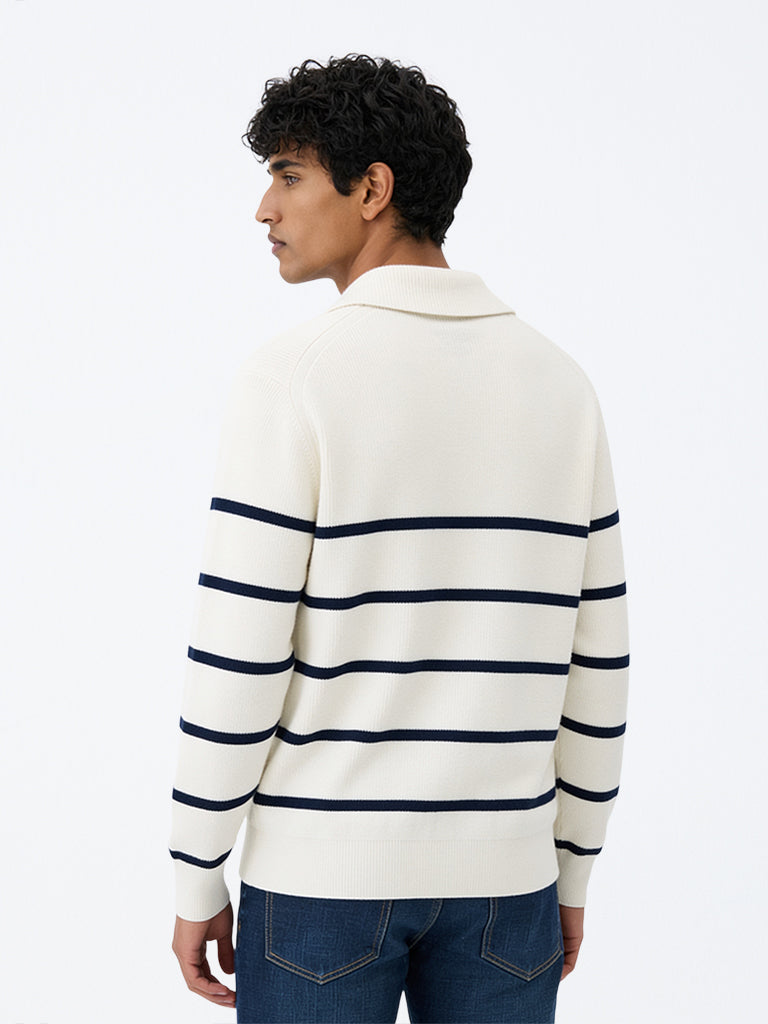 WES Casuals Off-White Striped Relaxed-Fit Quarter-Zip Sweatshirt