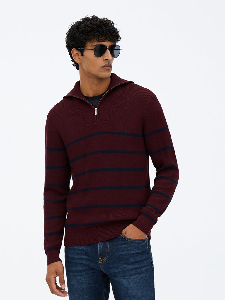 WES Casuals Burgundy Striped Relaxed-Fit Quarter-Zip Cotton Sweatshirt