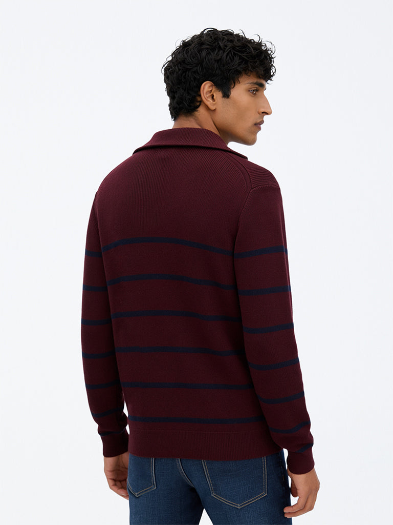WES Casuals Burgundy Striped Relaxed-Fit Quarter-Zip Cotton Sweatshirt