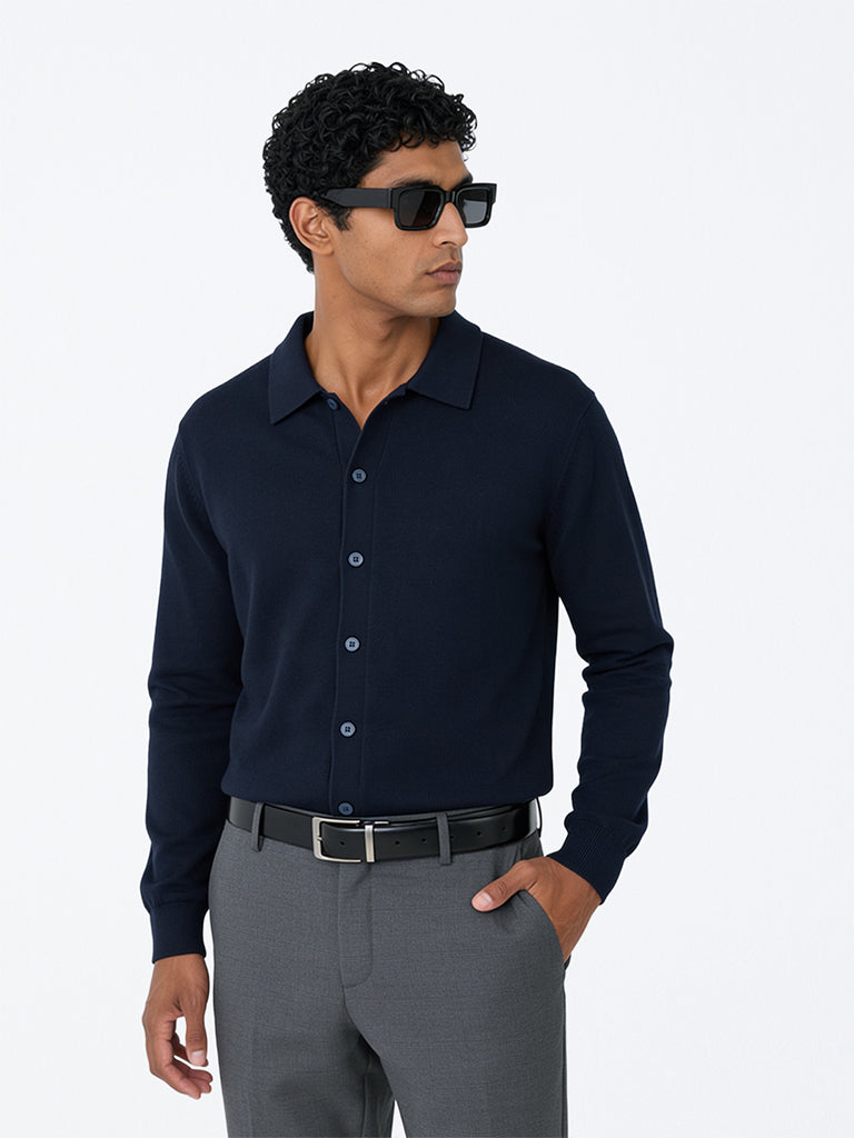 WES Formals Navy Solid Relaxed-Fit Cotton Shirt