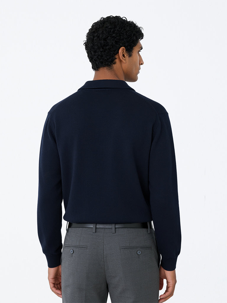 WES Formals Navy Solid Relaxed-Fit Cotton Shirt
