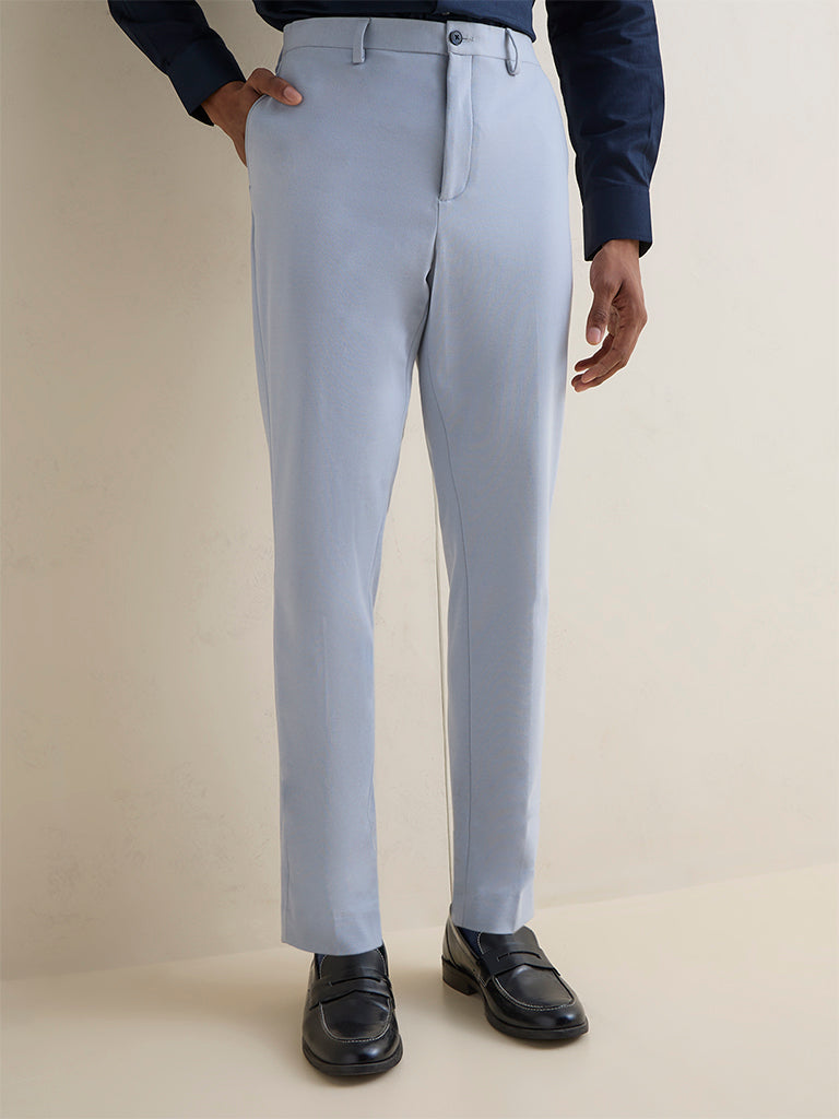 WES Formals Light Blue Slim-Fit Mid-Rise Trousers