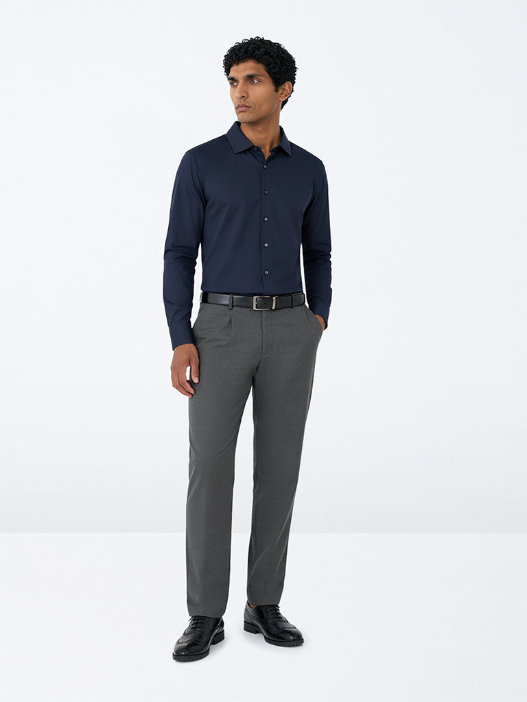 WES Formals Charcoal Solid Relaxed-Fit Mid-Rise Trousers