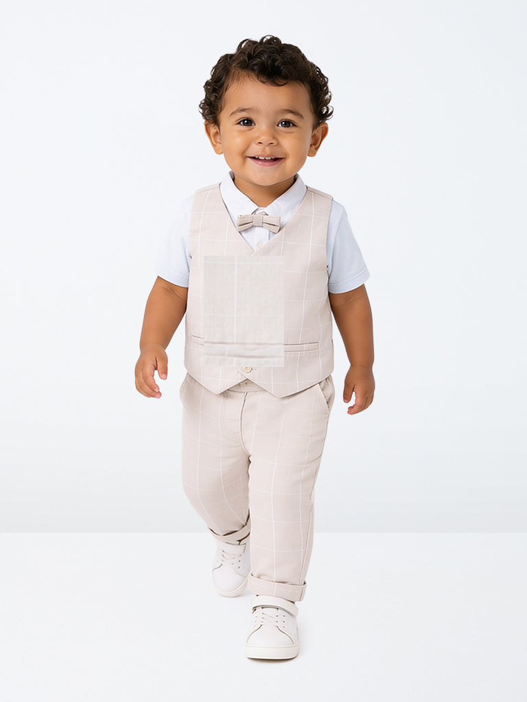 HOP Baby Boys Light Grey Checkered Cotton Waistcoat, Shirt, Pants and Bow Set