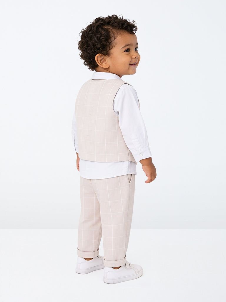 HOP Baby Boys Light Grey Checkered Cotton Waistcoat, Shirt, Pants and Bow Set