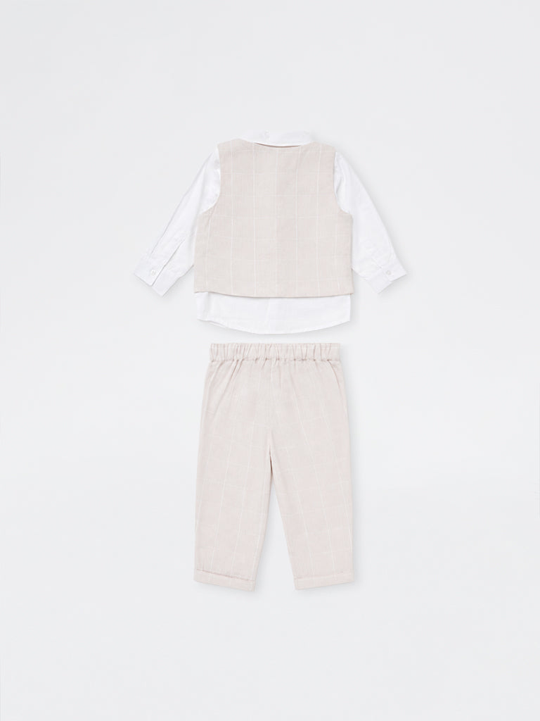 HOP Baby Boys Light Grey Checkered Cotton Waistcoat, Shirt, Pants and Bow Set
