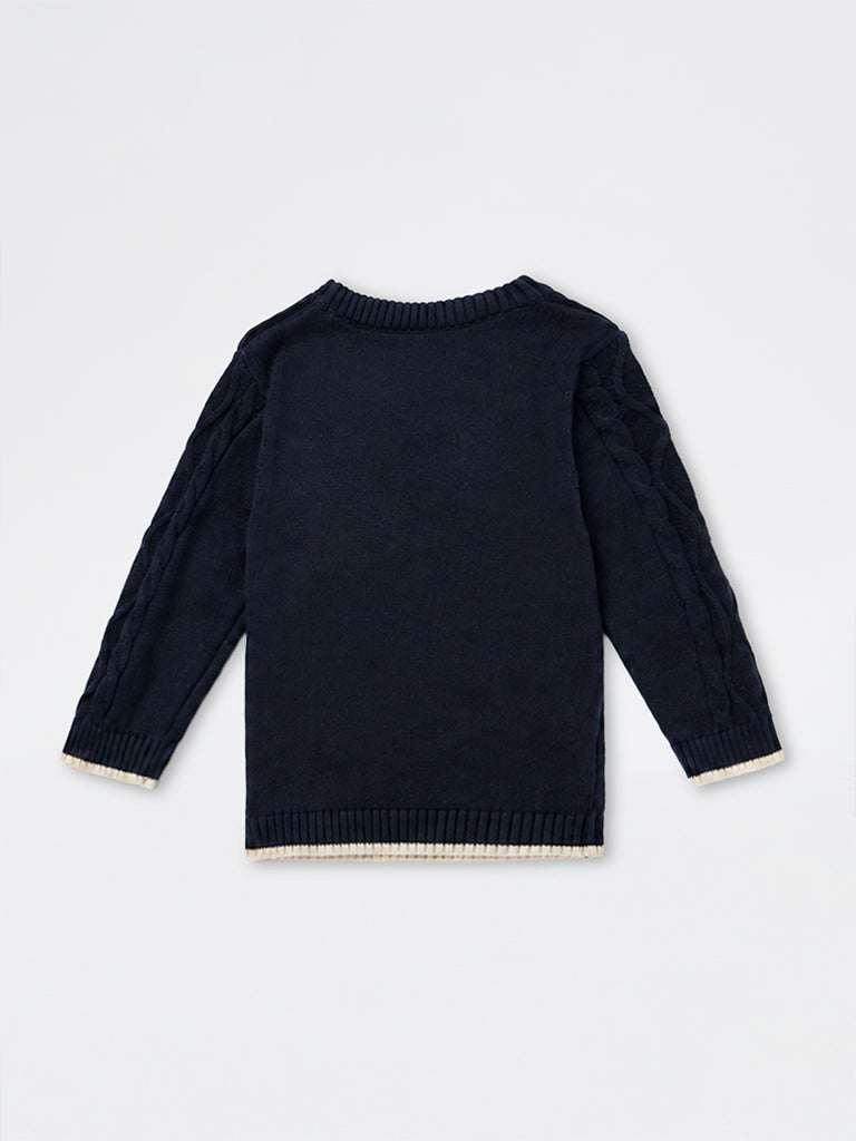 HOP Baby Boys Navy Tiger Embroidered Knitted Cotton Sweater