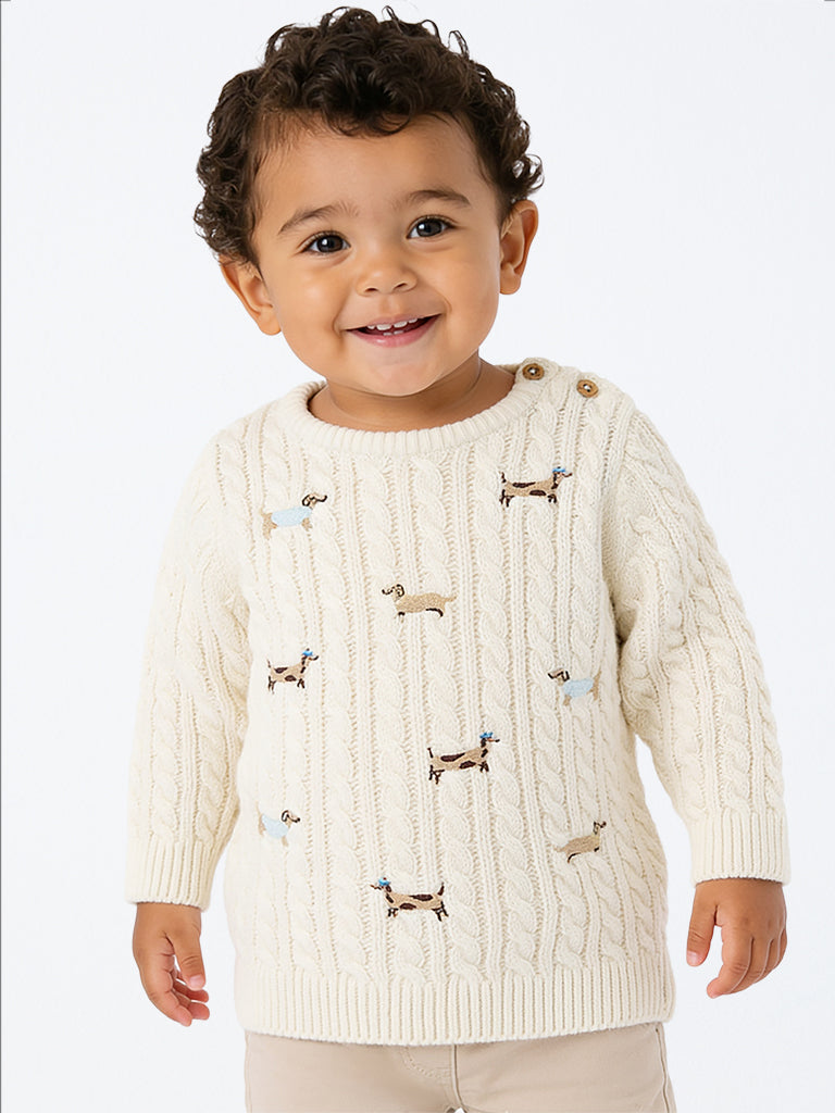HOP Baby Boys Ivory Dog Embroidered Cable-Knit Sweater