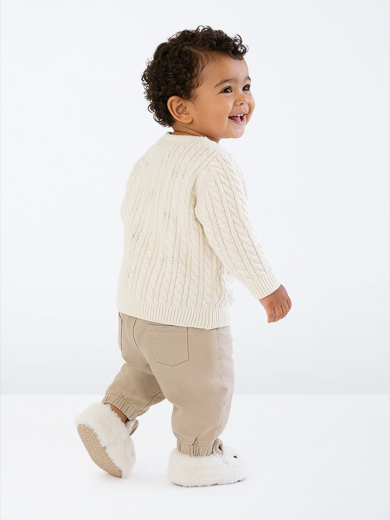 HOP Baby Boys Ivory Dog Embroidered Cable-Knit Sweater