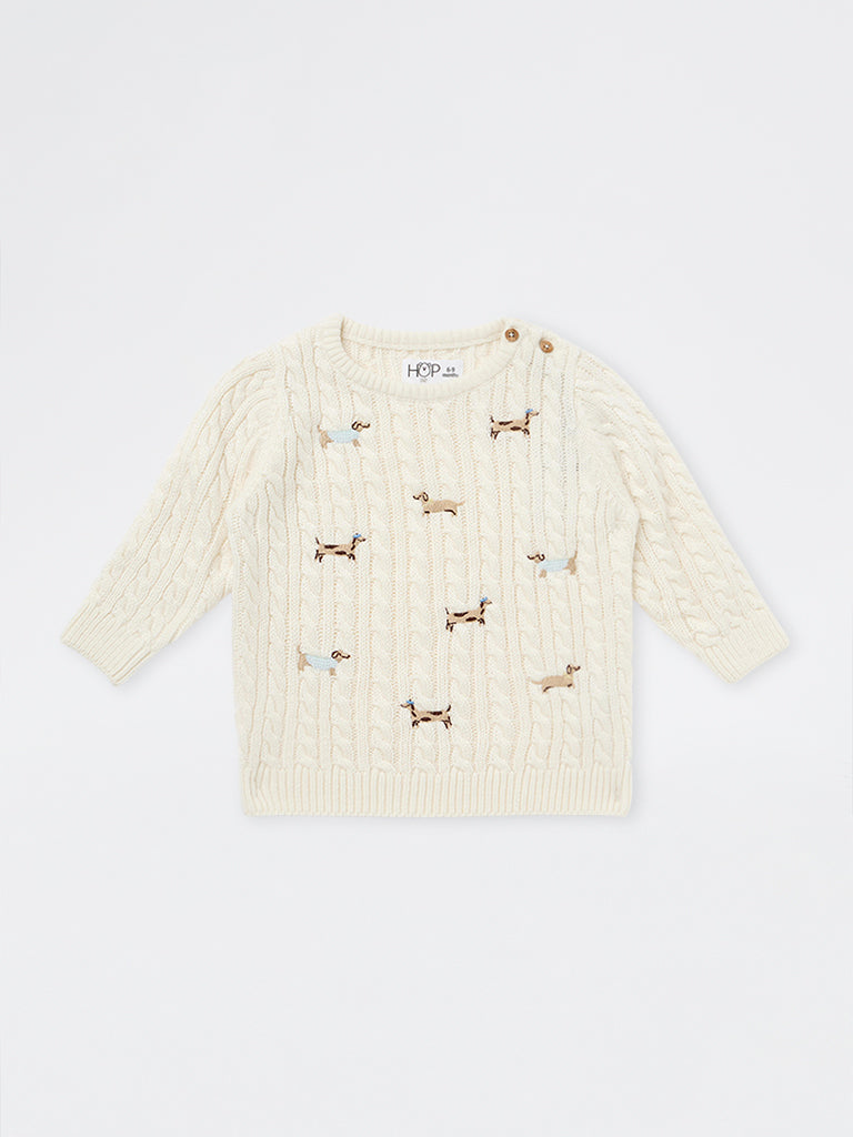 HOP Baby Boys Ivory Dog Embroidered Cable-Knit Sweater