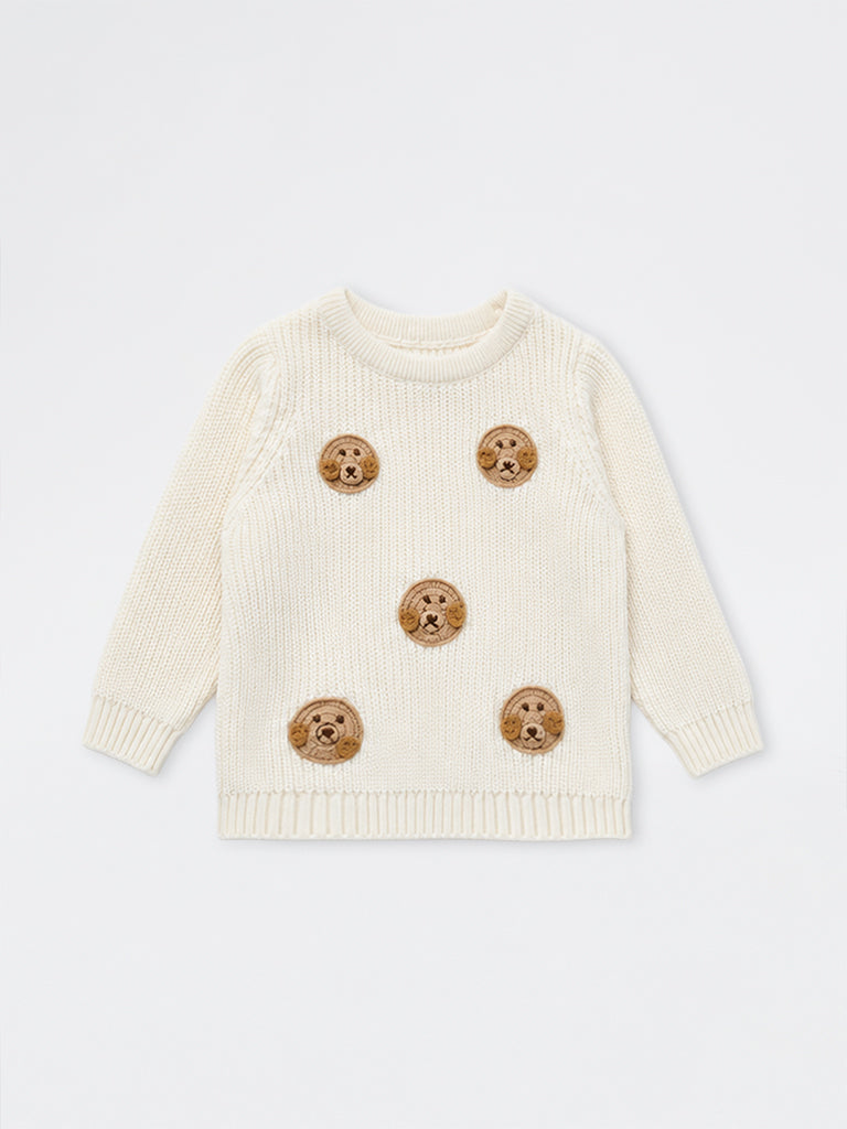 HOP Baby Boys Off-White Crochet-Detail Knitted Sweater