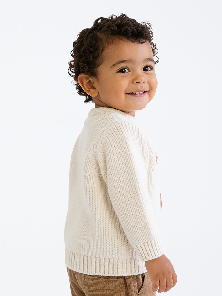 HOP Baby Boys Off-White Crochet-Detail Knitted Sweater