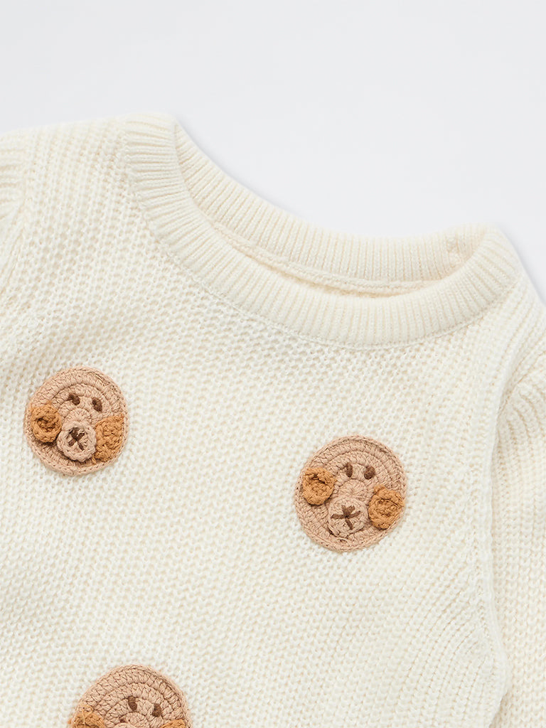 HOP Baby Boys Off-White Crochet-Detail Knitted Sweater