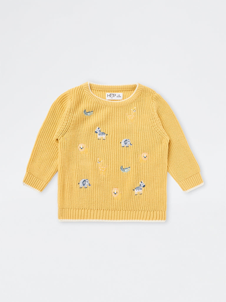 HOP Baby Boys Mustard Animal Embroidered Knitted Sweater
