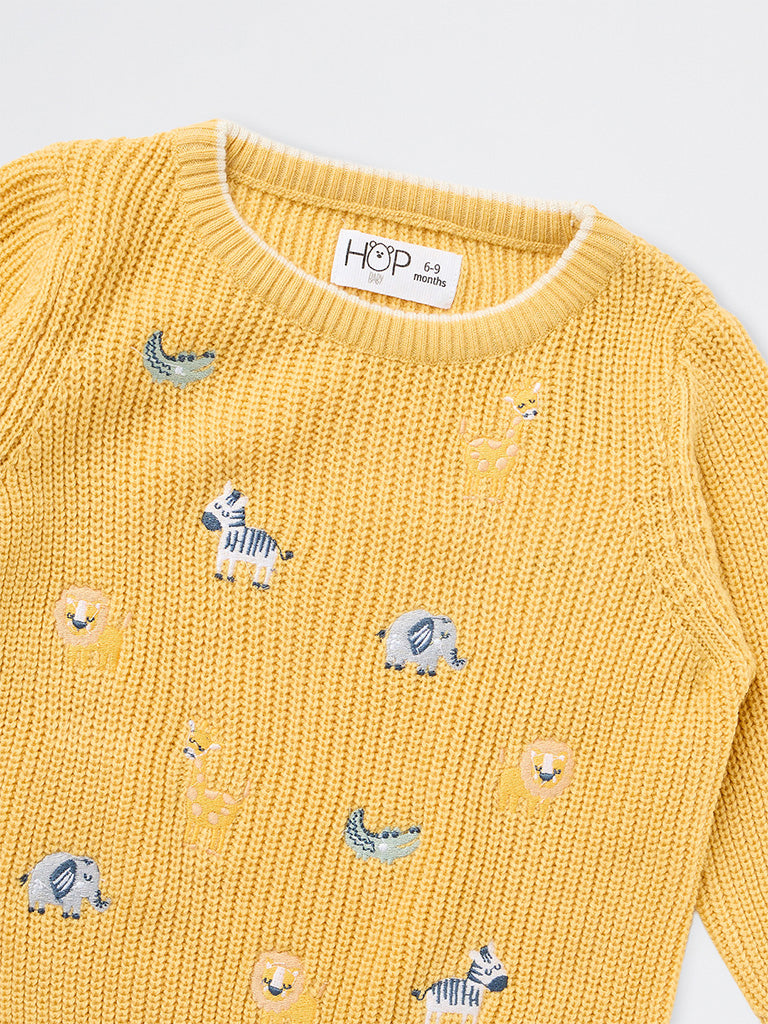 HOP Baby Boys Mustard Animal Embroidered Knitted Sweater