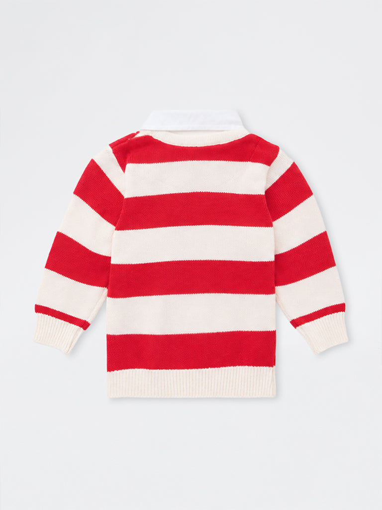 HOP Baby Boys Red Striped Knitted Cotton Sweater