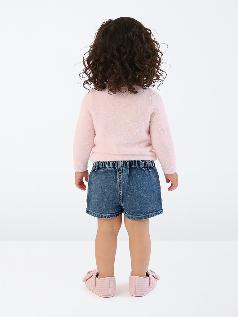 HOP Baby Girls Blue Washed Heart-Detailed High-Rise Denim Skorts