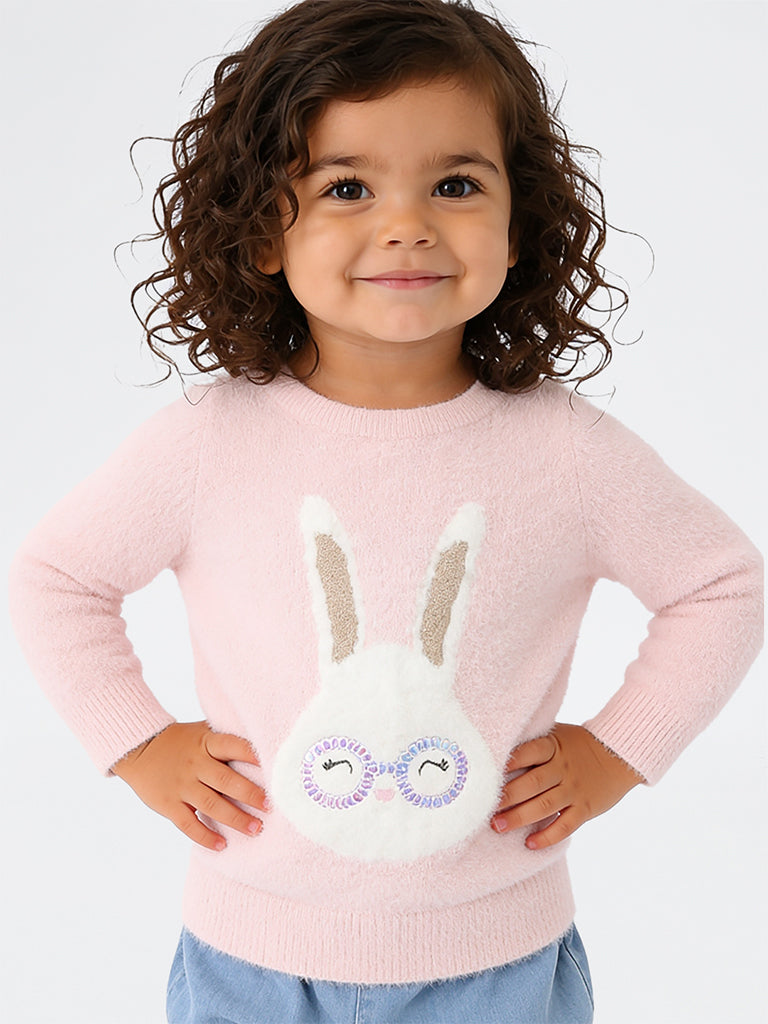 HOP Baby Girls Pink Bunny Embroidered Faux Fur-Textured Sweater