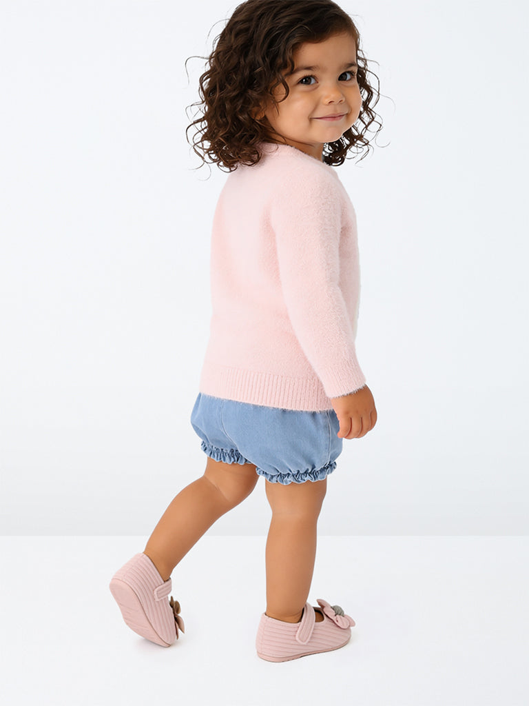 HOP Baby Girls Pink Bunny Embroidered Faux Fur-Textured Sweater