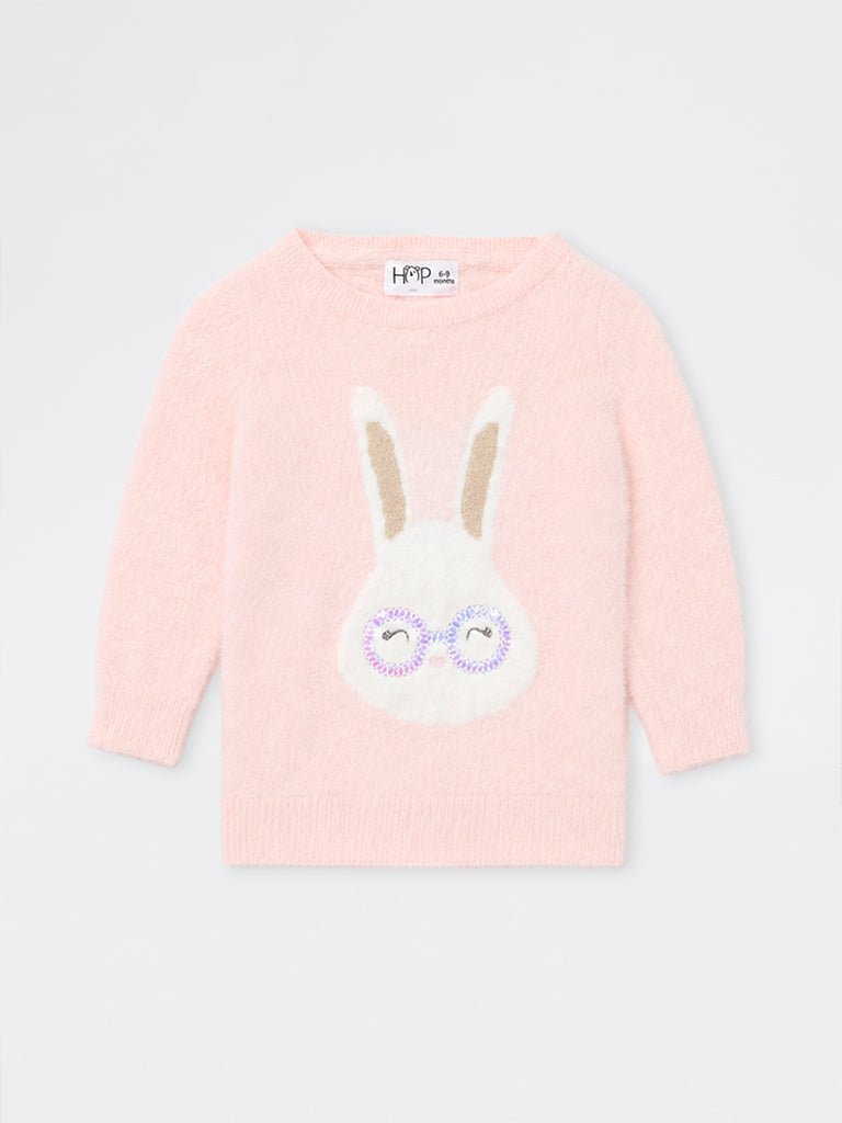 HOP Baby Girls Pink Bunny Embroidered Faux Fur-Textured Sweater