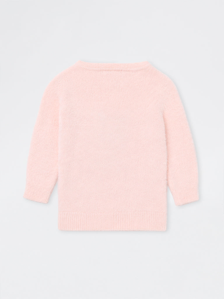 HOP Baby Girls Pink Bunny Embroidered Faux Fur-Textured Sweater