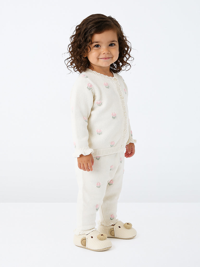 HOP Baby Girls Off-White Floral Design Cotton Cardigan and Pants Set