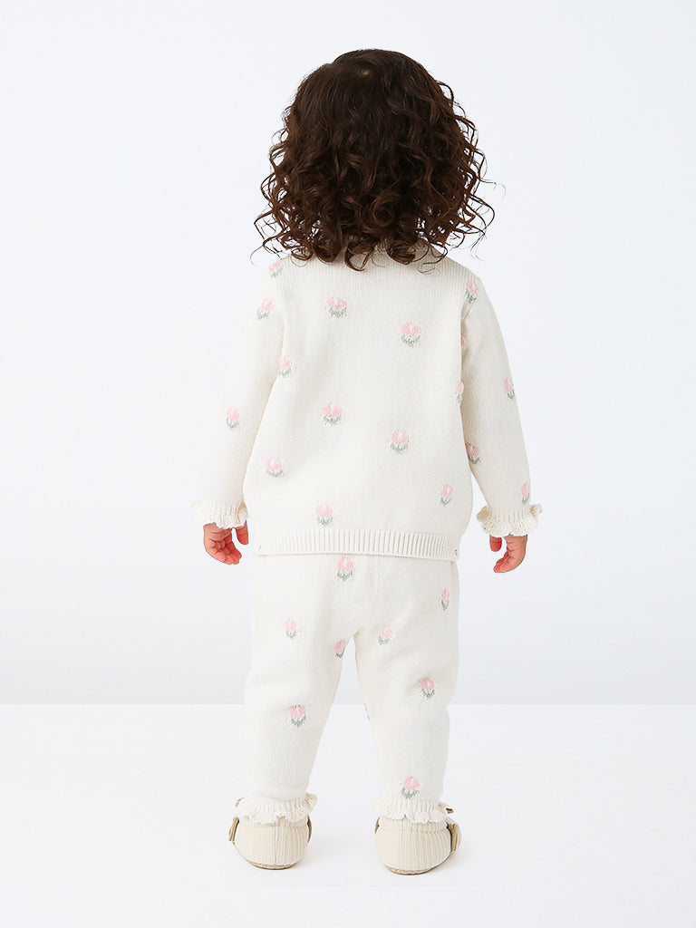 HOP Baby Girls Off-White Floral Design Cotton Cardigan and Pants Set
