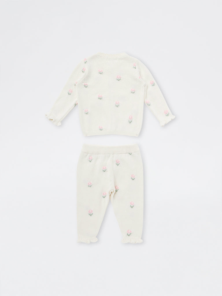 HOP Baby Girls Off-White Floral Design Cotton Cardigan and Pants Set