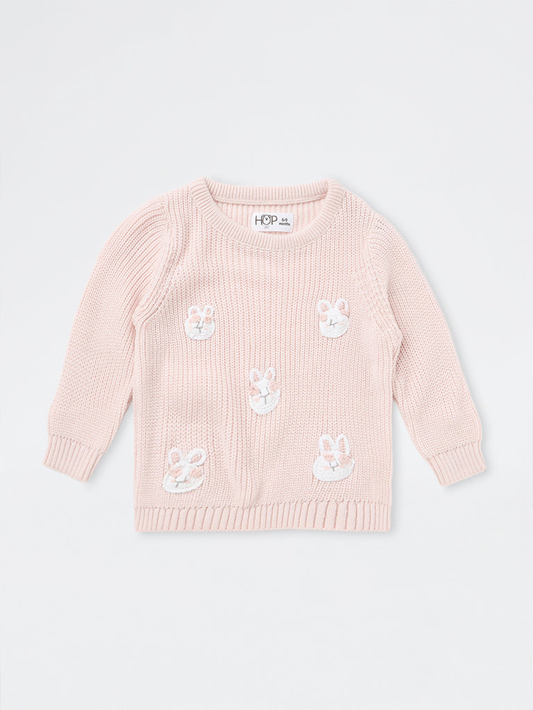 HOP Baby Girls Pink Bunny Embroidered Knitted Sweater