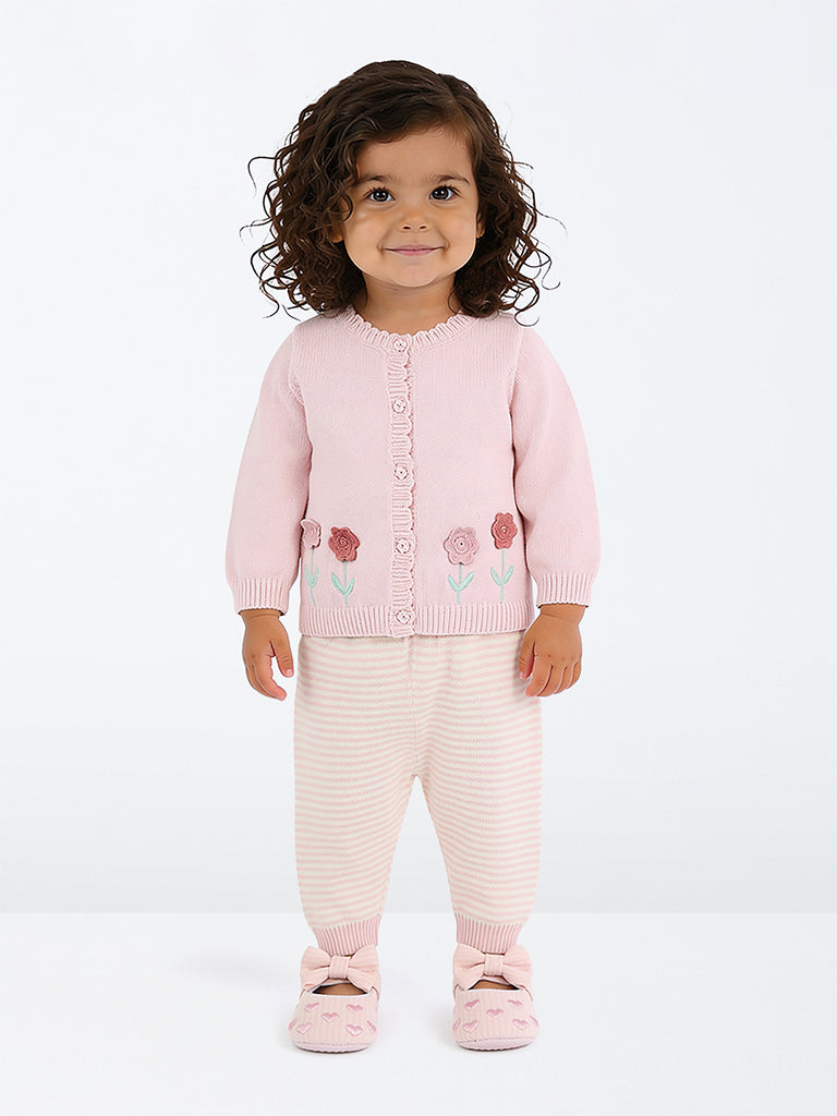 HOP Baby Girls Light Pink Floral Applique Cotton Sweater and Pants Set