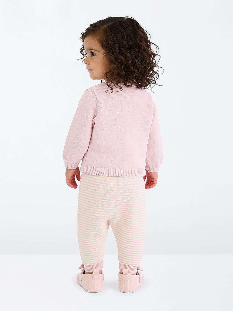 HOP Baby Girls Light Pink Floral Applique Cotton Sweater and Pants Set