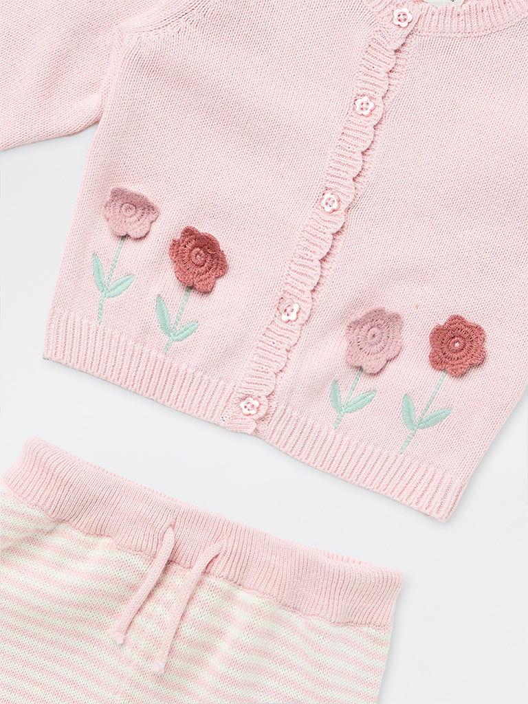 HOP Baby Girls Light Pink Floral Applique Cotton Sweater and Pants Set