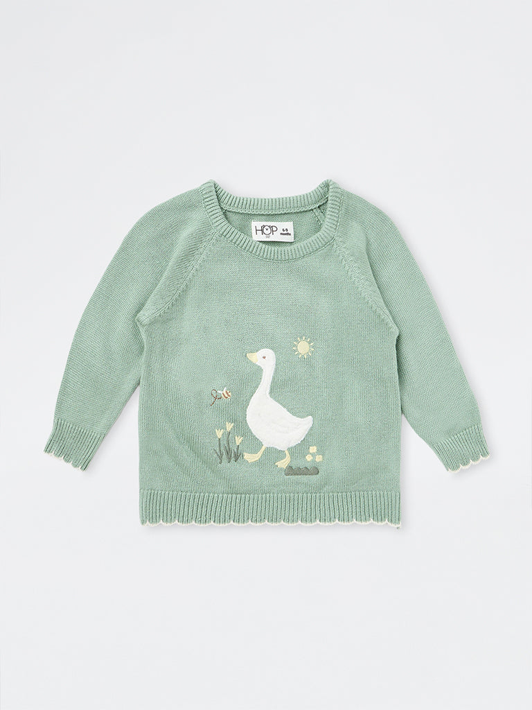 HOP Baby Girls Sage Bird Embroidered Knitted Sweater
