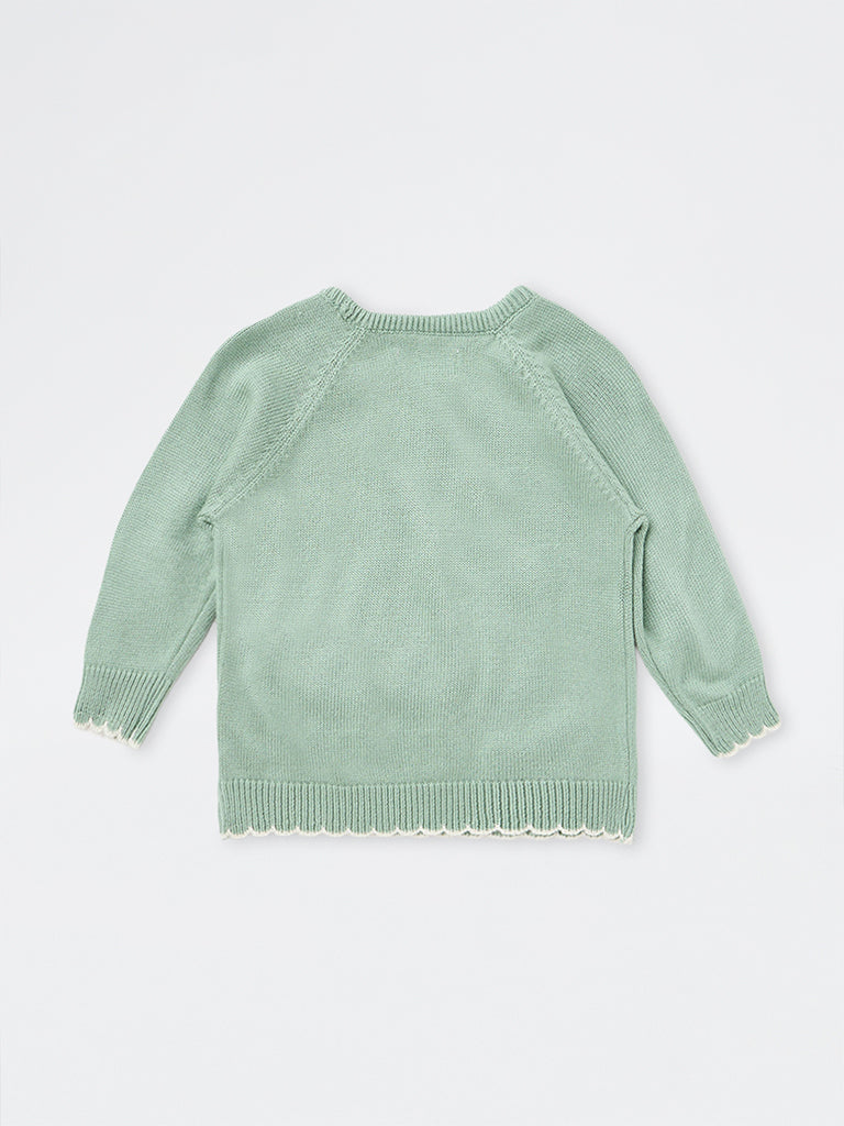 HOP Baby Girls Sage Bird Embroidered Knitted Sweater