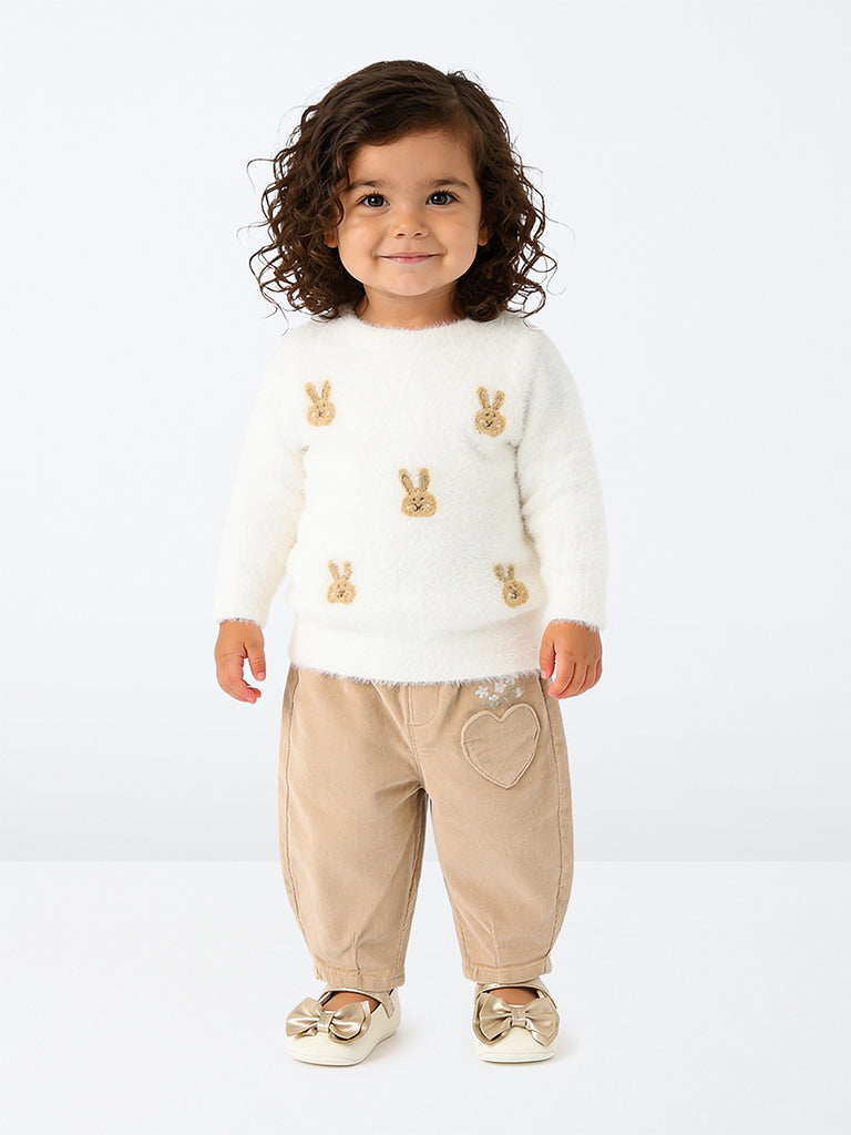 HOP Baby Girls White Bunny Printed Fuzzy-Textured Sweater