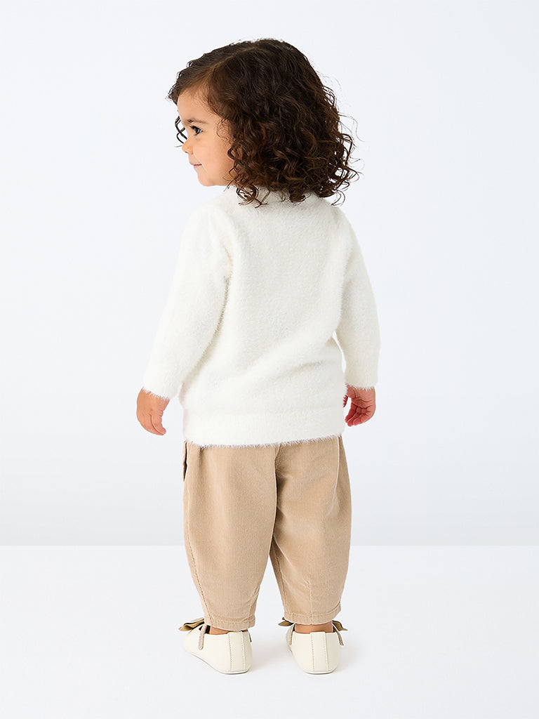 HOP Baby Girls White Bunny Printed Fuzzy-Textured Sweater