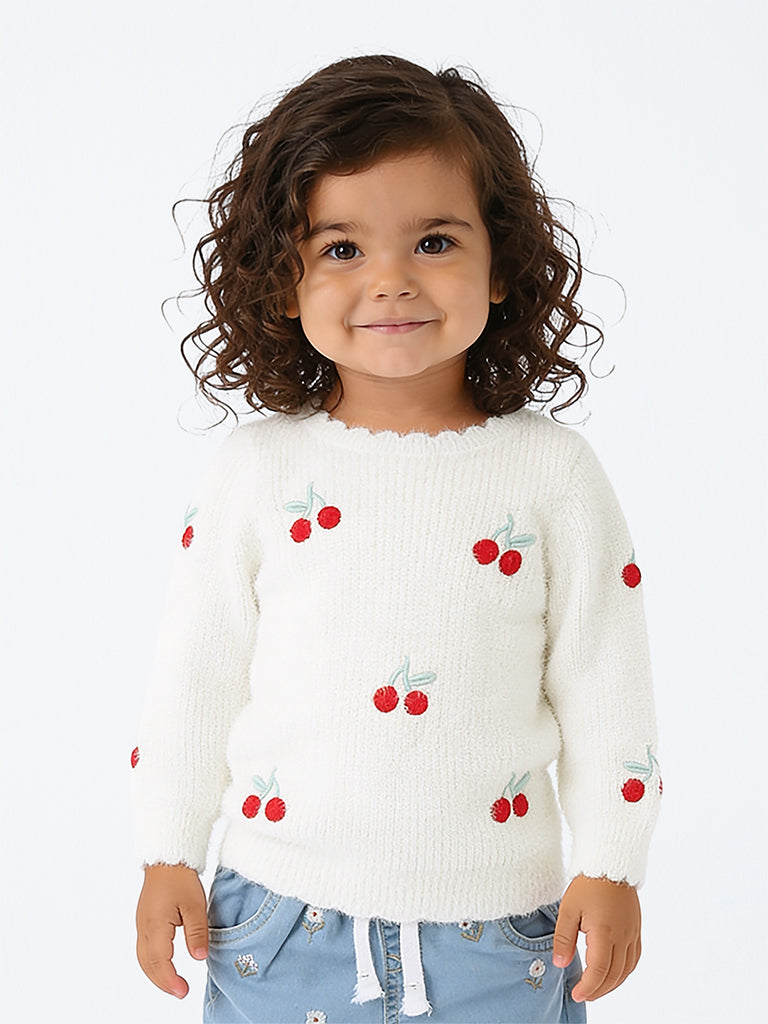 HOP Baby Girls White Cherry Embroidered Ribbed Sweater
