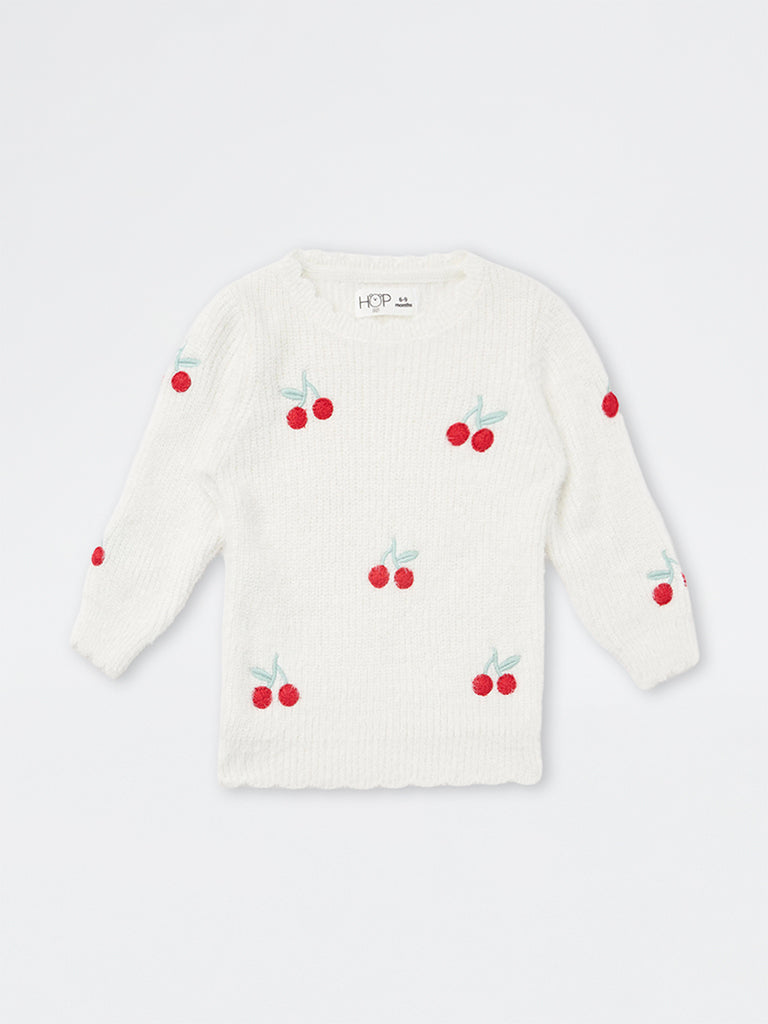 HOP Baby Girls White Cherry Embroidered Ribbed Sweater