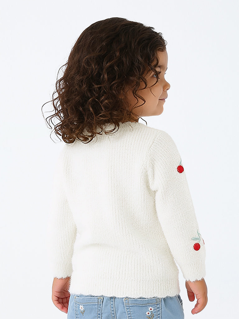 HOP Baby Girls White Cherry Embroidered Ribbed Sweater