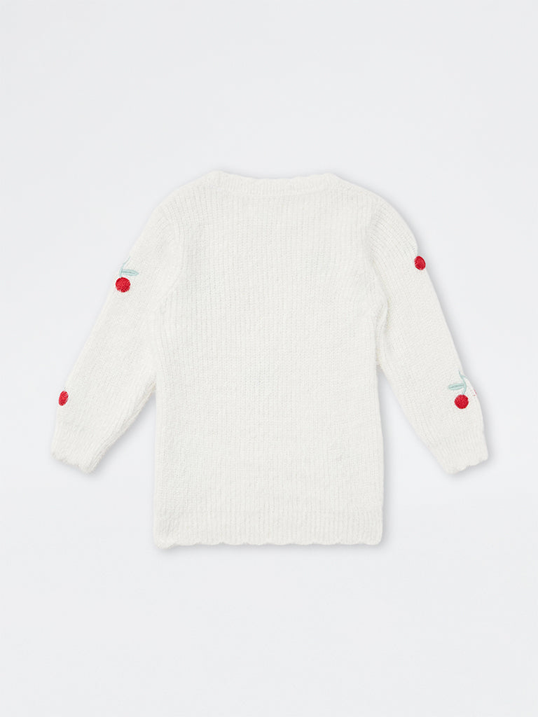 HOP Baby Girls White Cherry Embroidered Ribbed Sweater