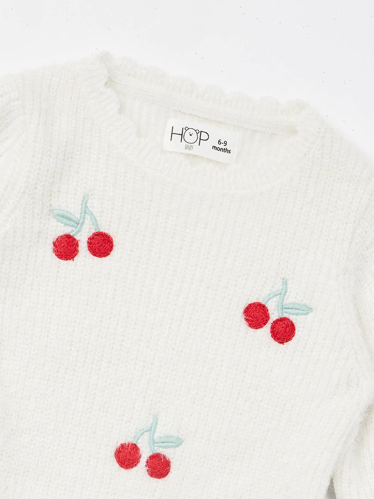 HOP Baby Girls White Cherry Embroidered Ribbed Sweater